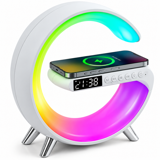 Cargador Inalámbrico, Altavoz Bluetooth, Reloj y Luz Ambiental en un Solo Dispositivo.