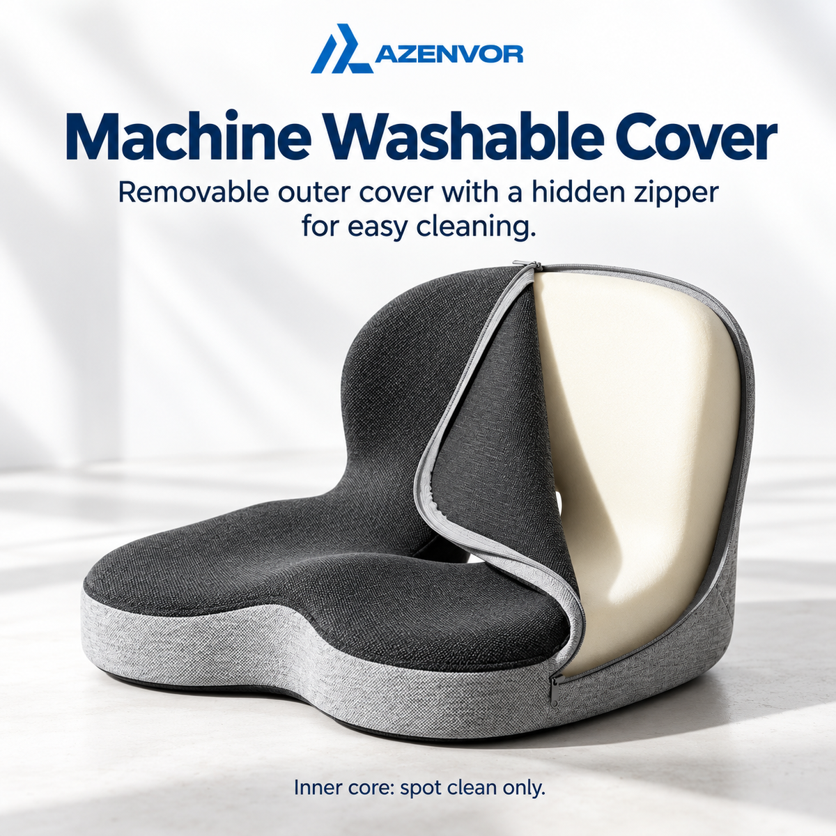 Removable cover opened to show the inner cushion